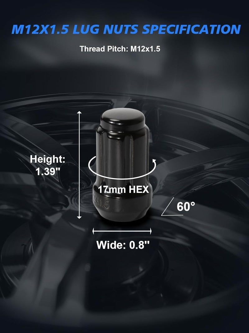 TAGMORE 20pcs M12x1.5 Spline Lug Nuts - Compatible with 1998-2022 Honda Accord/CRV, 1983-2020 Toyota Camry, 1996-2013 RAV4, One-Piece Design Factory Wheel Lug Nut Set with Socket Key (Black) - Image 2